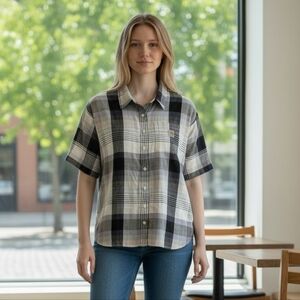 Carhartt Women's Short-Sleeve Plaid Button-Down Shirt in Black & Gray